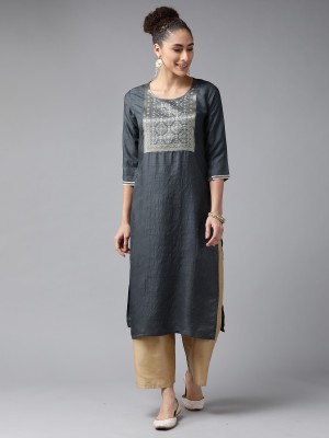 Indo Era Women Embellished Straight Kurta(Grey)