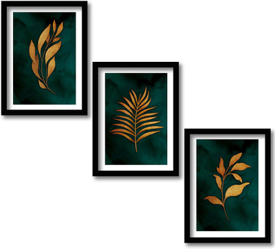 Rainbow Arts Nature Inspired Tropical Leaf Paintings with Frame - Framed Golden Leaf Paintings for Home and Office Wall Decor - Paintings for Home Decor Digital Reprint 14 inch x 11 inch Painting(With Frame, Pack of 3)
