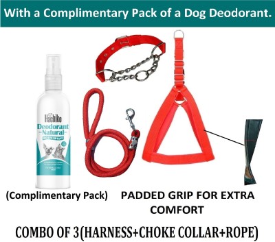 Hachiko Imported Best High Quality Dog Body Belt Harness+Rope+Choke Collar (Combo of 3) Dog Harness & Leash(Large, Red)