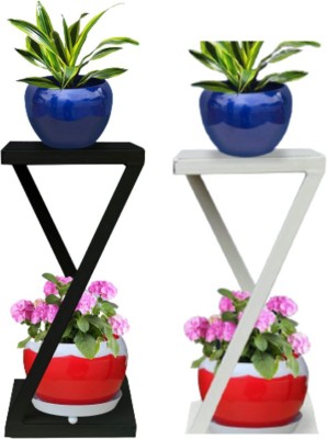 Hs Retail Modern Indoor & Outdoor 2 Tier Steel Planter Stand/Z Shape Flower Shelf for Garden/Balcony/Flower Pot Stand for Corner Display/Double Decker Window Planted Stand-Black & White -Set of 2 Plant Container Set(Pack of 2, Metal)
