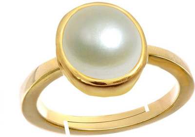 Jewelryonclick 8.25 Ratti Stone Ring Oval Shape Cabochon Cut Adjustable in Size 16 To 30 Stone Pearl Gold Plated Ring