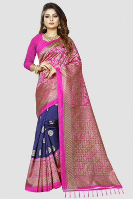 RUNAYA NX Woven Bollywood Art Silk, Chanderi Saree(Dark Blue, Pink)