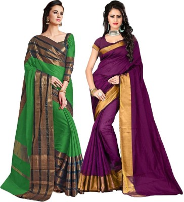 BAPS Self Design, Striped, Woven, Embellished, Solid/Plain Bollywood Cotton Blend, Art Silk Saree(Pack of 2, Magenta, Green)