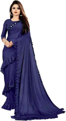 JAY AMBEY FABRICS Solid/Plain Bollywood Lycra Blend Saree(Blue)