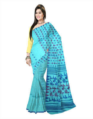 Pradip Fabrics Floral Print Tant Silk Blend Saree(Light Blue)
