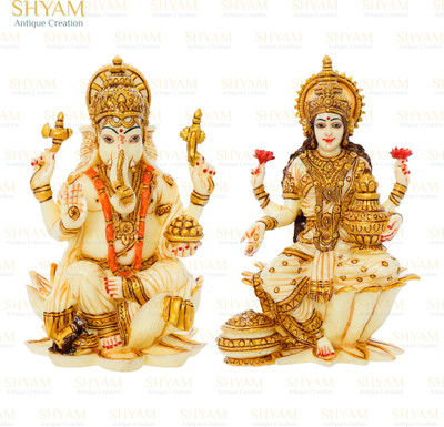 shyam antique creation Lord Ganesha and Lakshmi Idol Statue | Ganpati Bappa and Laxmi ji | Pair of Lakshmi Ganesh Idol Antique Finish | Home Décor Decorative Showpiece  -  18 cm(Marble, Yellow)