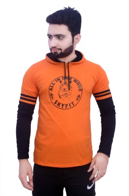 SKYFIT Printed Men Hooded Neck Orange T-Shirt