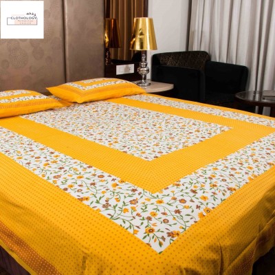 clothology 144 TC Cotton Double Printed Bedsheet(Pack of 1, White, Yellow)