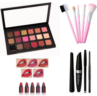 Pro Tya Rose Gold Eyeshadow Kit + 5 Pcs Makeup Brushes + Fab 5 In 1 Lipstic=(15 Items in the set)