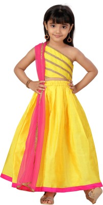 Aarika Indi Girls Lehenga Choli Party Wear Self Design Lehenga Choli(Yellow, Pack of 1)