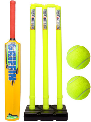 GRIFFIN Full Size Plastic Cricket Kit Adult Plastic Wicket Stumps Yellow Plastic Bat Cricket Kit