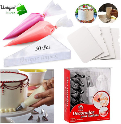 Unique Impex 1-Washable & Reusable piping bag & coupler - 12 Piece Steel Nozzles Cake Decorating Set Frosting Icing Piping Bag Tips With Steel Nozzles Muffin Dessert Decorators & 4 Pcs Multi-design Icing Scraper set Kitchen Tool Set(White, Silver, Baking Tools)