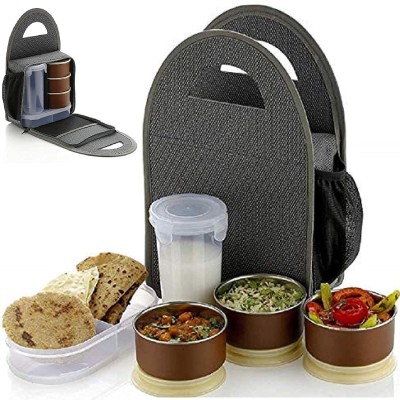 Veryke Stainless Steel Lunch Box - Tiffin Box with Bag, 3 Container, 1 Box and 1 Set of Plastic Glass Lunch Box Set with Carry Bag for Office, College and School for Men, Women Kids 3 Containers Lunch Box(300 ml, Thermoware)