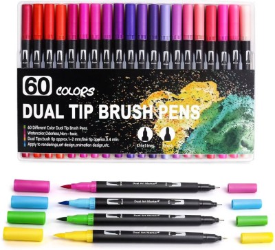 THR3E STROKES Art Markers Dual Tips Coloring Brush Fineliner Color Water Based Marker Pens Set for Calligraphy Drawing Sketching Bullet Journal (BLACK, 60 Pcs) (Set of 60, Multicolor)(Set of 60, Multicolor)