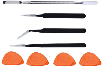 MyJerry Set of 3 ESD Safe Black Coated Pointed, Curved and Blunt Tip Tweezers With 1 Metal and 4 Triangle Plastic Openers - Repair Hand Tools for Opening & Repair Mobile, Laptop and other Electronic Gadgets Hand Tool Kit(8 Tools)