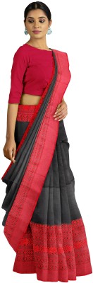 Bong ButiQ Woven Tant Handloom Cotton Blend Saree(Red, Black)