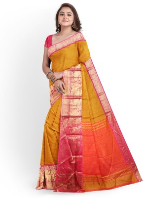 jmoverseas Printed Banarasi Linen, Cotton Silk Saree(Yellow)