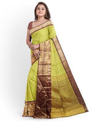 jmoverseas Printed Banarasi Linen, Cotton Silk Saree(Brown, Yellow)