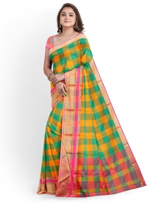 jmoverseas Printed Banarasi Linen, Cotton Silk Saree(Green, Yellow)