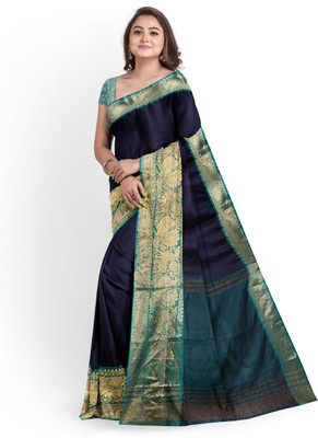 jmoverseas Printed Banarasi Linen, Cotton Silk Saree(Dark Blue)