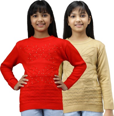 Fit N Fame Embellished Round Neck Casual Girls Red, Beige Sweater