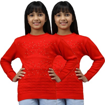 ANIXA Embellished Round Neck Casual Girls Red Sweater