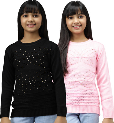 Trendy World Embellished Round Neck Casual Girls Multicolor Sweater