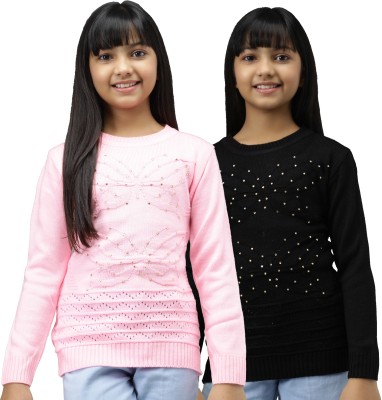 Fit N Fame Embellished Round Neck Casual Girls Pink, Black Sweater