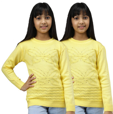 Fit N Fame Embellished Round Neck Casual Girls Yellow Sweater