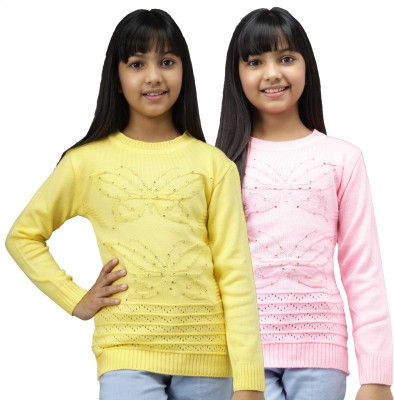 Fit N Fame Embellished Round Neck Casual Girls Yellow, Pink Sweater