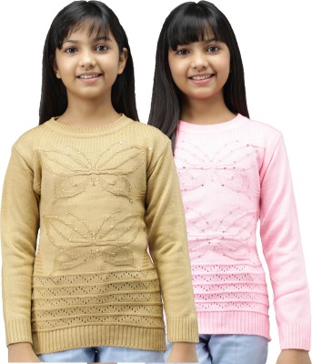 Fit N Fame Embellished Round Neck Casual Girls Beige, Pink Sweater