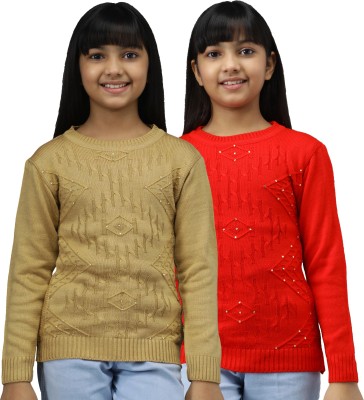 ANIXA Woven Round Neck Casual Girls Beige, Red Sweater