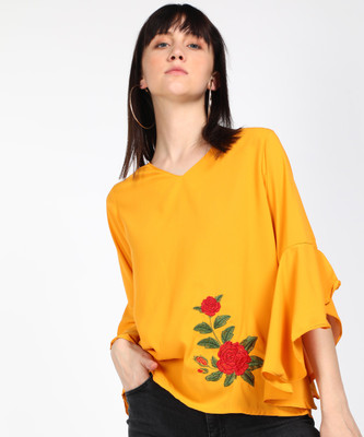 Tokyo Talkies Casual 3/4 Sleeve Solid Women Yellow Top