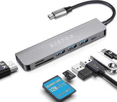 Bestor 7 PORT wired USB-C hub 1xHDMI port, 1xTF slot, 1xSD slot, 3xUSB 3.0 port, 1x100 W C-type power delivery port 7 in 1 USB Hub  (7 in 1)