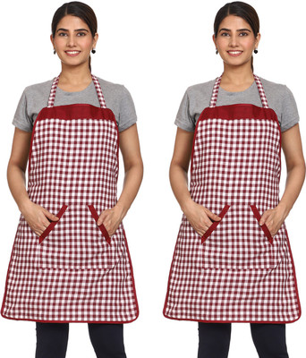 JMI Cotton Chef's Apron - Free Size(Maroon, White, Pack of 2)