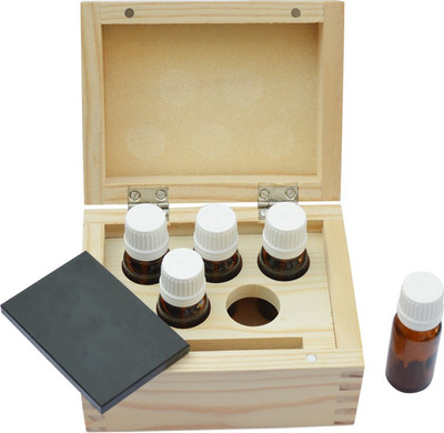 Scorpion Wooden Box with 5 Acid Bottles & 1 Stone Size: 3”X2”X ¼”