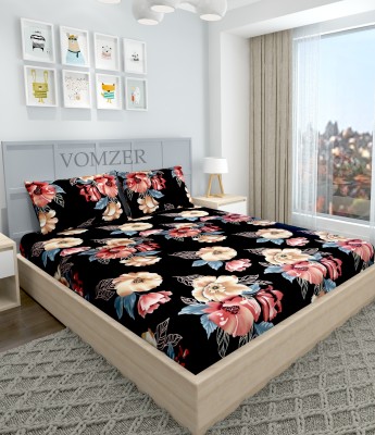 Vomzer 280 TC Cotton Double Floral Fitted (Elastic) Bedsheet(Pack of 1, Black)