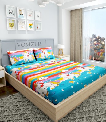 Vomzer 280 TC Cotton Double Cartoon Fitted (Elastic) Bedsheet(Pack of 1, Blue)