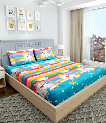 Vomzer 280 TC Cotton Double Cartoon Fitted (Elastic) Bedsheet(Pack of 1, Blue)