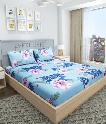 Everlush 280 TC Cotton King Floral Fitted (Elastic) Bedsheet(Pack of 1, Blue)