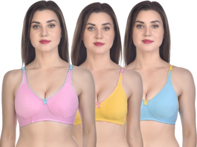 COLLANGELA Cotton Fabric Women Full Coverage Non Padded Bra(Pink, Yellow, Blue)