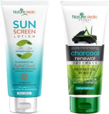 Nature Vedic Sunscreen Lotion SPF30+ with Pore Minimising Charcoal renewal Face wash(2 Items in the set)