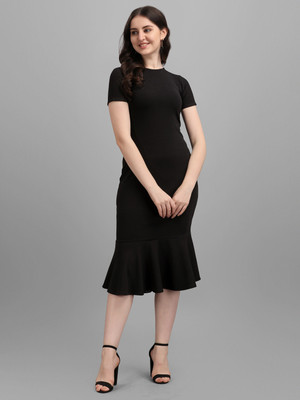 PURVAJA Women Bodycon Black Midi/Calf Length Dress