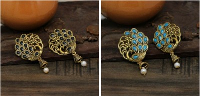 Happy Stoning Combo of 2 Peacock Inspired Earrings Beads Alloy Jhumki Earring