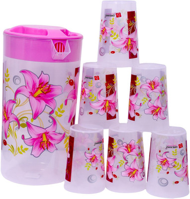 Dreamz Unbreakable Transparent Heavy Plastic Flower Print Jug(2.5 Litre) & 6 Glass(200ml) Set for Drinking Water, Milk, Juice & Cold Drink for Home & Office Use Jug Set Mug Set With Drinking Glass Jug Glass Set(PLASTIC)