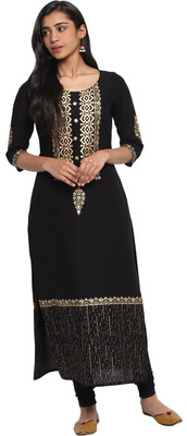 G Kurties Women Block Print Straight Kurta(Black)