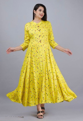 MACHLA Women Printed Flared Kurta(Yellow)