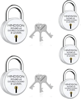 HINDSON Round 65 Double Locking, 8 Levers with 3 Iron Key Lock , Pack of 5, Silver Finish Padlock(Silver)