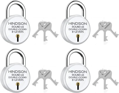 HINDSON Round 65 Double Locking, 8 Levers with 3 Iron Key Lock , Pack of 4, Silver Finish Padlock(Silver)