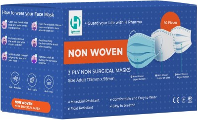 h pharma Nonwoven Fabric 3 Ply Disposable Face Mask with BFE 95; ISO, CE,FDA and 3ply mask for Protection and Anti Pollution With Nose Clip Non_Woven_Mask Surgical Mask(Blue, Free Size, Pack of 50, 3 Ply)